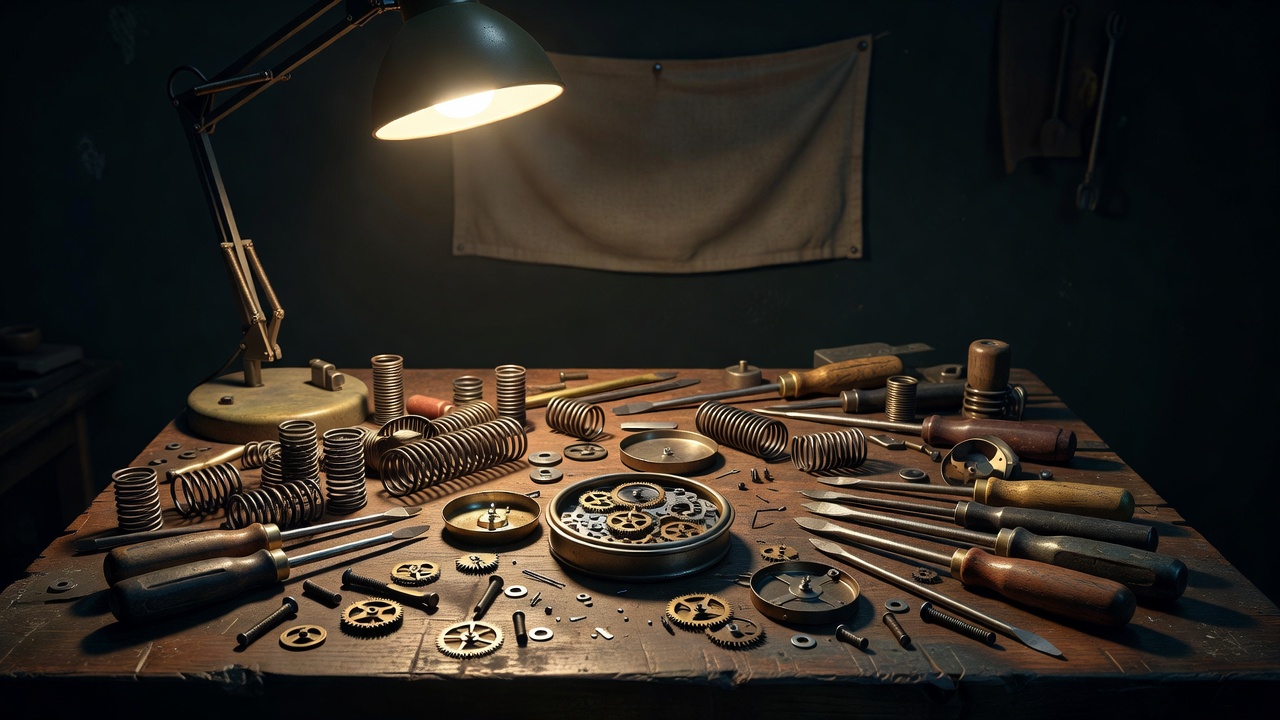 A cluttered workbench with springs, screwdrivers and an opened alarm clock under a single desk lamp