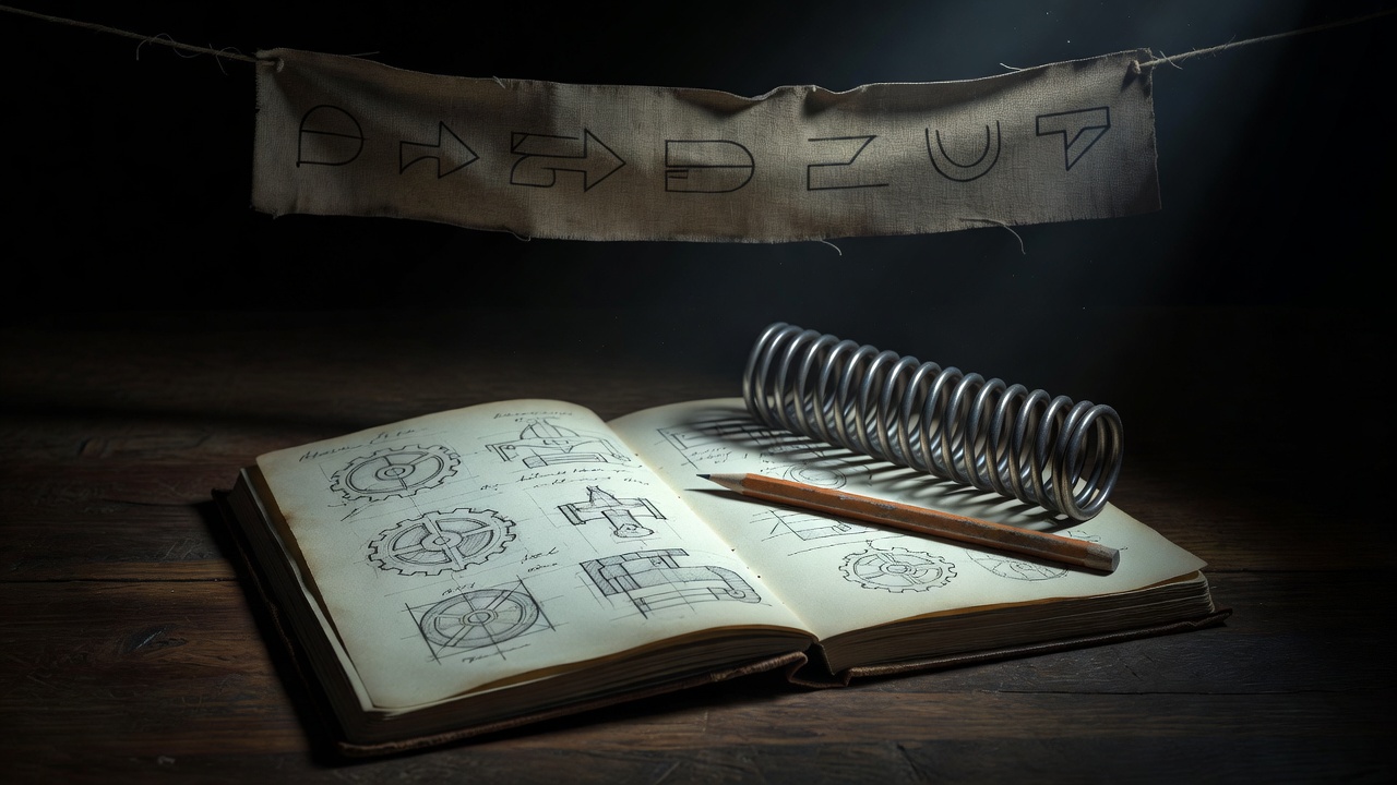 Open notebook with handwritten sketches beside a steel spring and pencil in deep shadow
