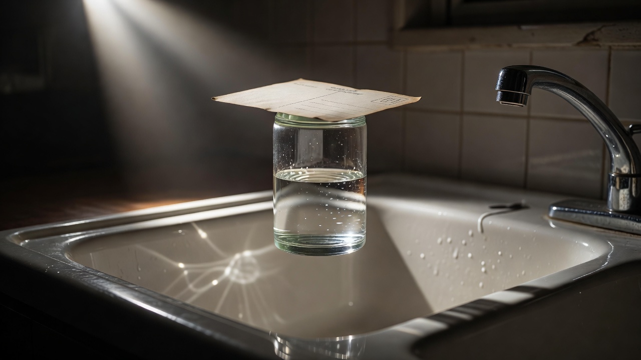 An upside-down glass of water held closed by a postcard above a sink, lit dramatically from one side
