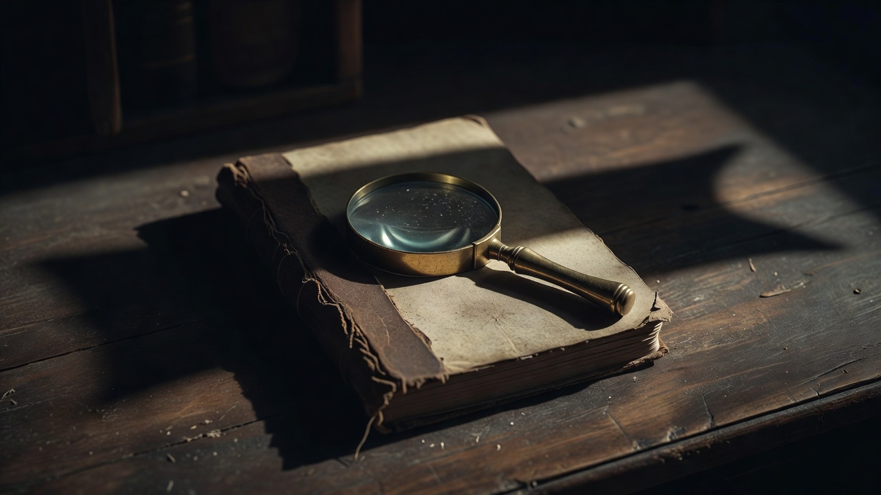 Brass magnifying glass resting on an old notebook, half swallowed by shadow