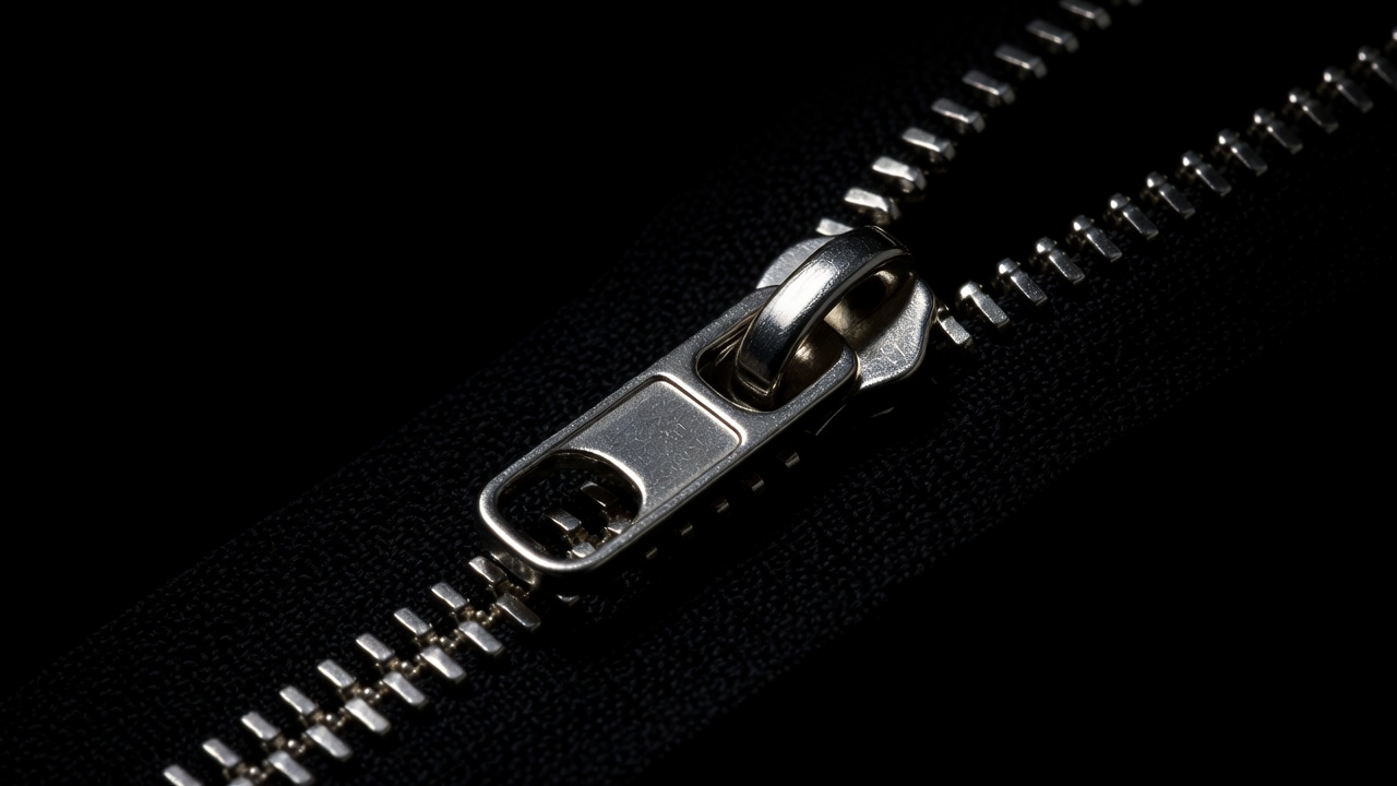 Extreme close-up of interlocking metal zip teeth and slider glinting in darkness