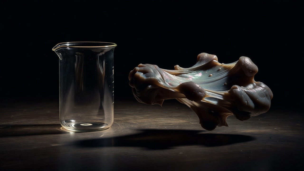 A glass laboratory beaker beside a stretched blob of bouncing putty in deep chiaroscuro light