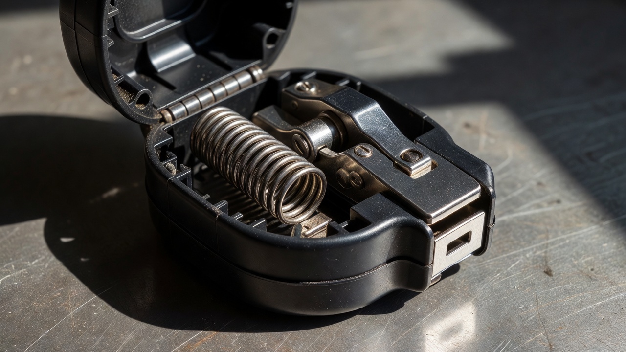 Open tape measure housing revealing its coiled steel spring and locking lever in hard side light