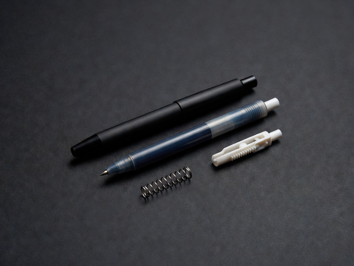 Disassembled click pen parts arranged in a line on dark slate: barrel, spring, cam and plunger