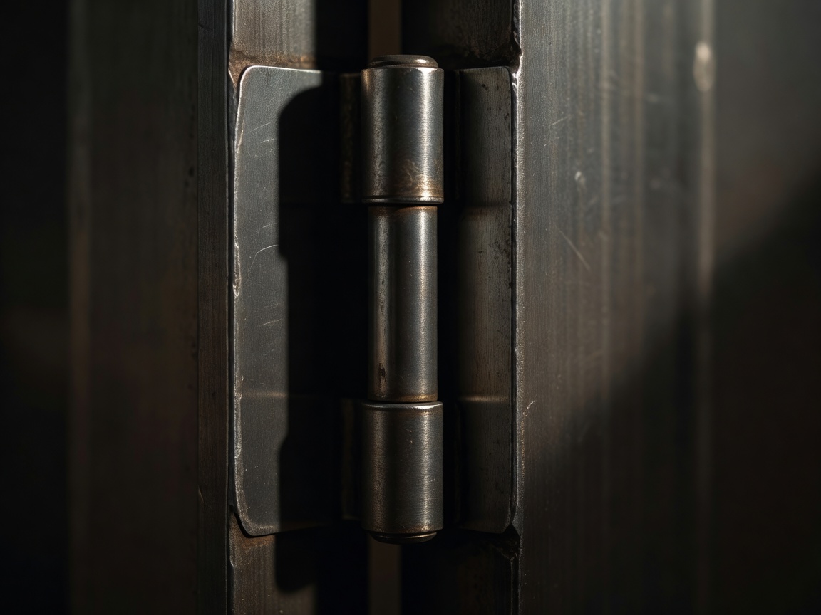 Steel butt hinge on a dark wooden door, the knuckle edge catching light