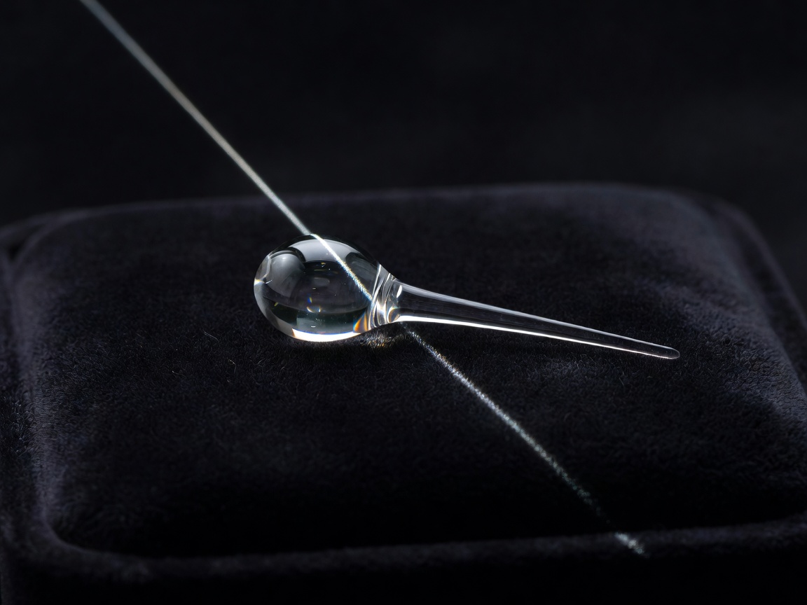 Glass Rupert's drop with a long thin tail on black cloth, edges outlined by light