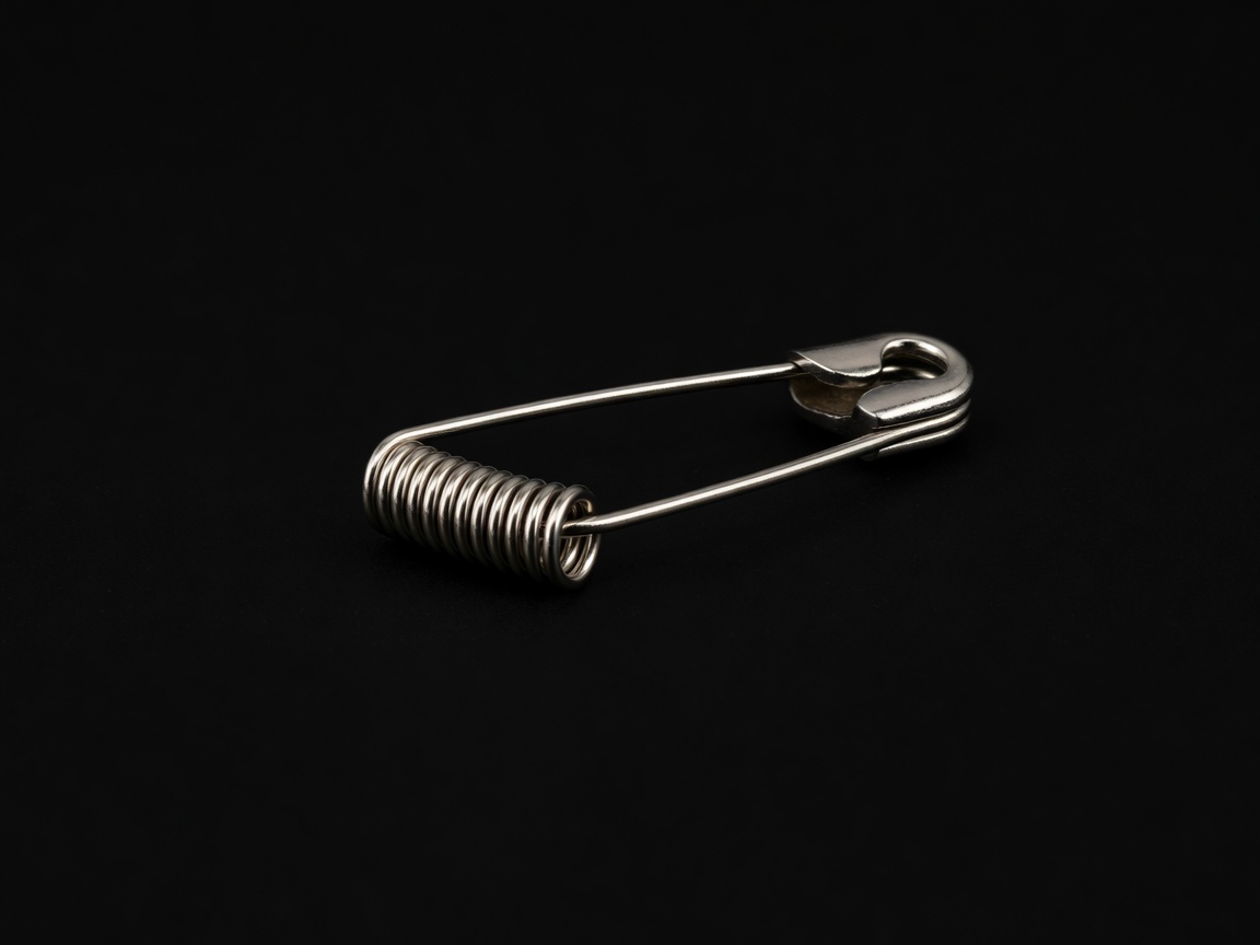 Steel safety pin in close-up, its coil and clasp outlined by a thin rim of light