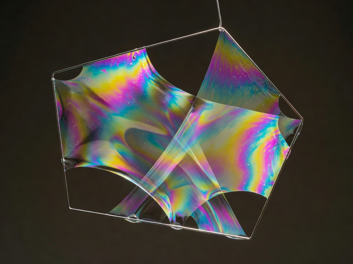 Iridescent soap films meeting inside a wire frame against a dark background